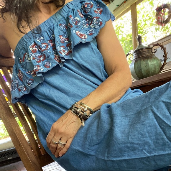 LED Lux Essential Denim maternity one shoulder dress. Embroidered. Sm - Picture 1 of 6